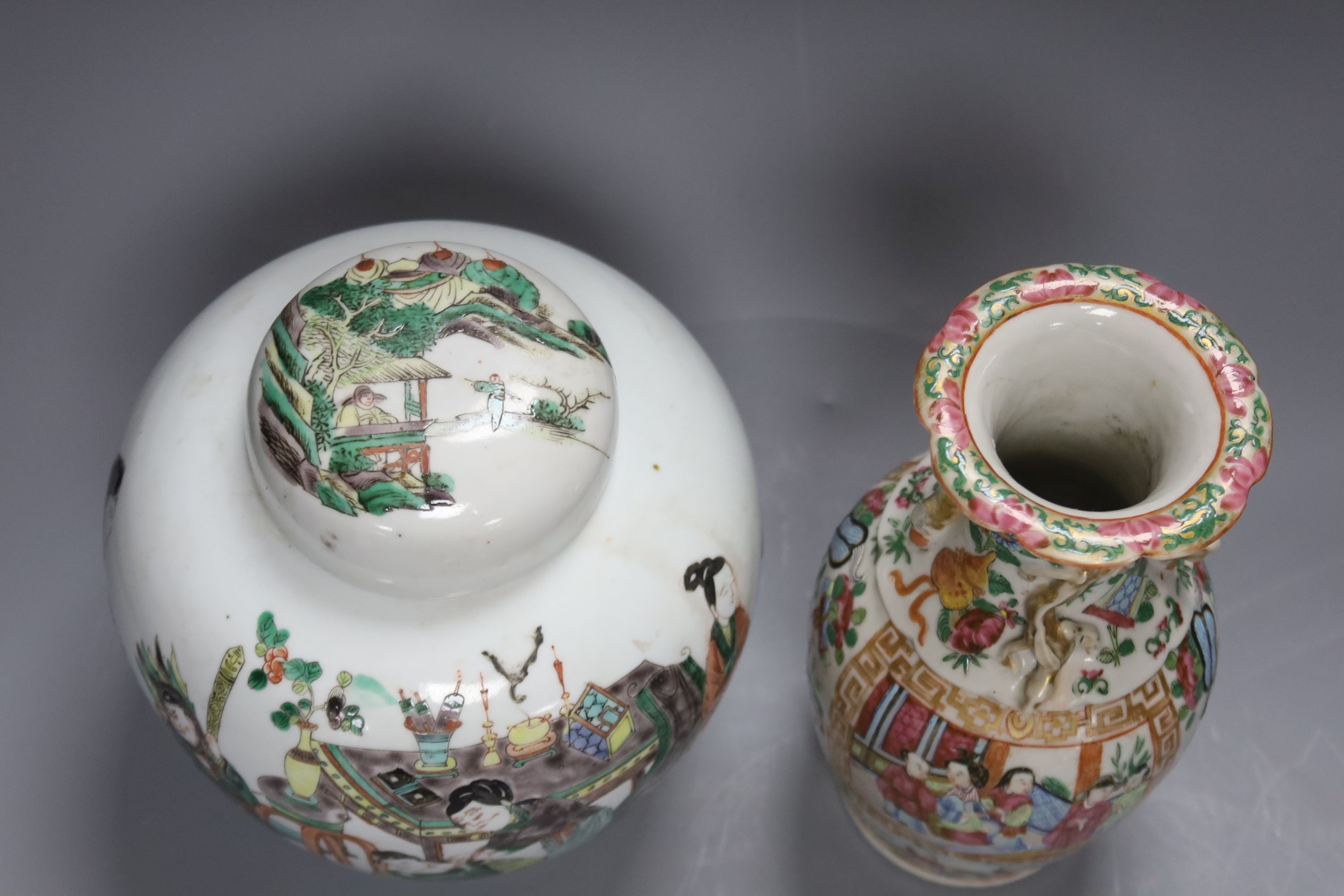 A Chinese famille verte jar and cover and a Canton famille rose vase, tallest 22cm